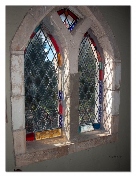 Stained glass window at Montsalvat Artists' Community
