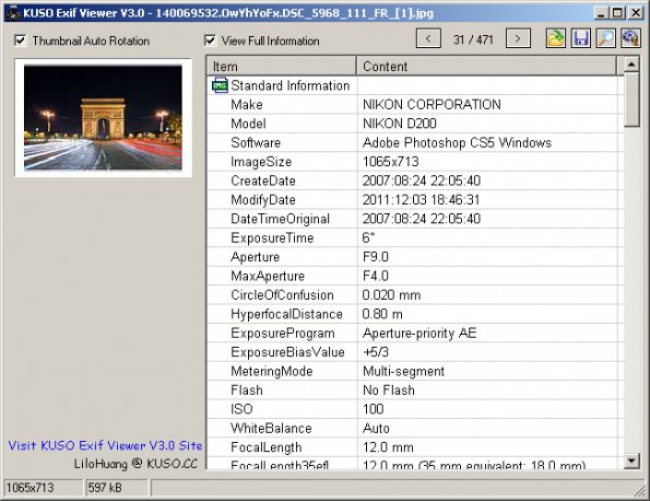 Greens Arc de Triomphe EXIF